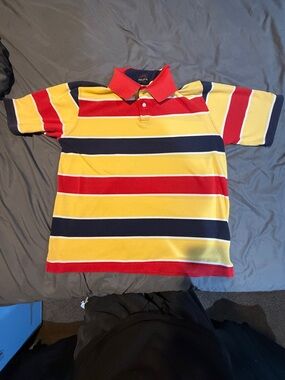 Acuity Yellow Red Navy Striped Polo Shirt Short Sleeve Size L